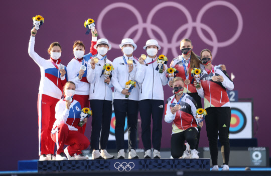 25일 일본 도쿄 유메노시마 공원 양궁장에서 열린 양궁 여자단체전 결승전에서 금메달을 차지한 한국 양궁팀, 은메달을 차지한 러시아올림픽위원회 양궁팀, 동메달을 차지한 독일 양궁팀이 포즈를 취하고 있다.  도쿄==연합뉴스